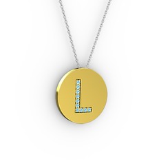 L Baş Harf Kolye - Akuamarin 925 ayar altın kaplama gümüş kolye (40 cm beyaz altın rolo zincir) #12aq2ua
