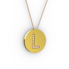L Baş Harf Kolye - Pembe kuvars 14 ayar altın kolye (40 cm rose altın rolo zincir) #15fkv34