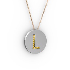 L Baş Harf Kolye - Sitrin 18 ayar beyaz altın kolye (40 cm rose altın rolo zincir) #1bx0miz