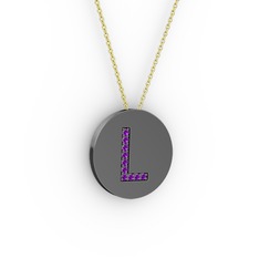 L Baş Harf Kolye - Ametist 925 ayar siyah rodyum kaplama gümüş kolye (40 cm altın rolo zincir) #1ftfe2l