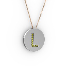 L Baş Harf Kolye - Peridot 18 ayar beyaz altın kolye (40 cm rose altın rolo zincir) #1g2r76m