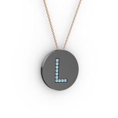 L Baş Harf Kolye - Akuamarin 925 ayar siyah rodyum kaplama gümüş kolye (40 cm rose altın rolo zincir) #1njaia8