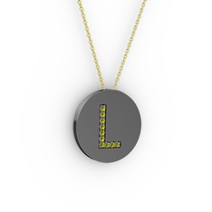 L Baş Harf Kolye - Peridot 925 ayar siyah rodyum kaplama gümüş kolye (40 cm gümüş rolo zincir) #1o18okm