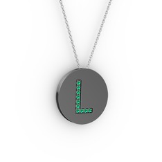 L Baş Harf Kolye - Yeşil kuvars 925 ayar siyah rodyum kaplama gümüş kolye (40 cm gümüş rolo zincir) #1op7qd