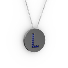 L Baş Harf Kolye - Lab safir 925 ayar siyah rodyum kaplama gümüş kolye (40 cm beyaz altın rolo zincir) #1uwquik