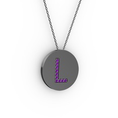L Baş Harf Kolye - Ametist 925 ayar siyah rodyum kaplama gümüş kolye (40 cm gümüş rolo zincir) #1whag01