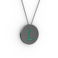 L Baş Harf Kolye - Yeşil kuvars 925 ayar siyah rodyum kaplama gümüş kolye (40 cm gümüş rolo zincir) #4y1lp2