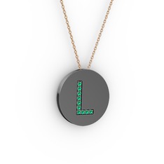 L Baş Harf Kolye - Yeşil kuvars 925 ayar siyah rodyum kaplama gümüş kolye (40 cm rose altın rolo zincir) #6b73tb