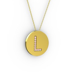 L Baş Harf Kolye - Pembe kuvars 8 ayar altın kolye (40 cm altın rolo zincir) #77ly1h