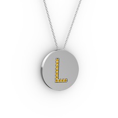 L Baş Harf Kolye - Sitrin 14 ayar beyaz altın kolye (40 cm beyaz altın rolo zincir) #htv3rt