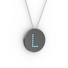 L Baş Harf Kolye - Akuamarin 925 ayar siyah rodyum kaplama gümüş kolye (40 cm gümüş rolo zincir) #lgmdj8