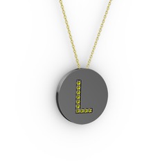L Baş Harf Kolye - Peridot 925 ayar siyah rodyum kaplama gümüş kolye (40 cm altın rolo zincir) #r2qdct