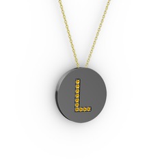 L Baş Harf Kolye - Sitrin 925 ayar siyah rodyum kaplama gümüş kolye (40 cm altın rolo zincir) #rgty5j