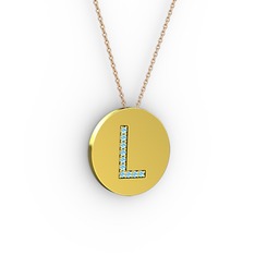 L Baş Harf Kolye - Akuamarin 18 ayar altın kolye (40 cm rose altın rolo zincir) #vh7057