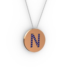 N Baş Harf Kolye - Lab safir 8 ayar rose altın kolye (40 cm beyaz altın rolo zincir) #104xcky