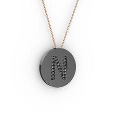 N Baş Harf Kolye - Siyah zirkon 925 ayar siyah rodyum kaplama gümüş kolye (40 cm rose altın rolo zincir) #10znt96