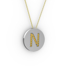 N Baş Harf Kolye - Sitrin 14 ayar beyaz altın kolye (40 cm gümüş rolo zincir) #11fbvu6