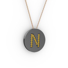 N Baş Harf Kolye - Sitrin 925 ayar siyah rodyum kaplama gümüş kolye (40 cm rose altın rolo zincir) #137mxv0