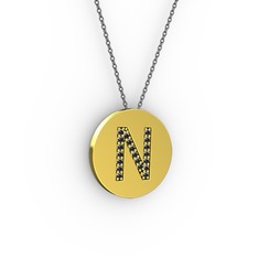 N Baş Harf Kolye - Siyah zirkon 14 ayar altın kolye (40 cm gümüş rolo zincir) #16wfdv7