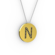 N Baş Harf Kolye - Siyah zirkon 8 ayar altın kolye (40 cm beyaz altın rolo zincir) #17mk2hz