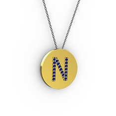N Baş Harf Kolye - Lab safir 14 ayar altın kolye (40 cm gümüş rolo zincir) #19urbr6