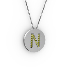 N Baş Harf Kolye - Peridot 18 ayar beyaz altın kolye (40 cm gümüş rolo zincir) #19xnasf