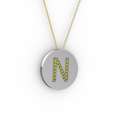 N Baş Harf Kolye - Peridot 18 ayar beyaz altın kolye (40 cm gümüş rolo zincir) #1iqouka