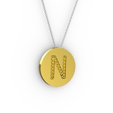 N Baş Harf Kolye - Sitrin 18 ayar altın kolye (40 cm gümüş rolo zincir) #1lvmisz