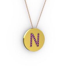 N Baş Harf Kolye - Ametist 8 ayar altın kolye (40 cm gümüş rolo zincir) #1tdqtdv