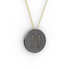 N Baş Harf Kolye - Dumanlı kuvars 925 ayar siyah rodyum kaplama gümüş kolye (40 cm altın rolo zincir) #1y1nxdw