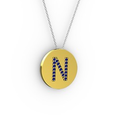 N Baş Harf Kolye - Lab safir 18 ayar altın kolye (40 cm gümüş rolo zincir) #2bfset