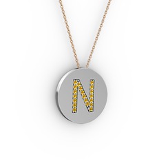 N Baş Harf Kolye - Sitrin 925 ayar gümüş kolye (40 cm rose altın rolo zincir) #2sjvu