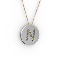 N Baş Harf Kolye - Peridot 925 ayar gümüş kolye (40 cm rose altın rolo zincir) #2xwgcb