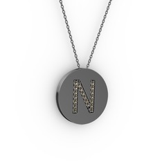 N Baş Harf Kolye - Dumanlı kuvars 925 ayar siyah rodyum kaplama gümüş kolye (40 cm gümüş rolo zincir) #54piaw