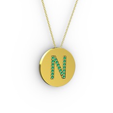 N Baş Harf Kolye - Yeşil kuvars 925 ayar altın kaplama gümüş kolye (40 cm altın rolo zincir) #ili0s0