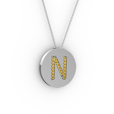 N Baş Harf Kolye - Sitrin 14 ayar beyaz altın kolye (40 cm beyaz altın rolo zincir) #iw8j62