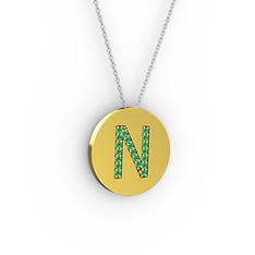 N Baş Harf Kolye - Yeşil kuvars 18 ayar altın kolye (40 cm gümüş rolo zincir) #jzs29n
