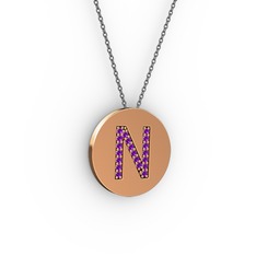 N Baş Harf Kolye - Ametist 18 ayar rose altın kolye (40 cm gümüş rolo zincir) #nk63nk