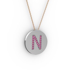 N Baş Harf Kolye - Rodolit garnet 8 ayar beyaz altın kolye (40 cm rose altın rolo zincir) #so4h8t
