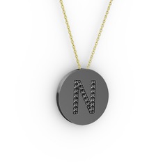 N Baş Harf Kolye - Siyah zirkon 925 ayar siyah rodyum kaplama gümüş kolye (40 cm altın rolo zincir) #viq7oe