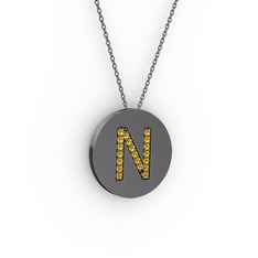 N Baş Harf Kolye - Sitrin 925 ayar siyah rodyum kaplama gümüş kolye (40 cm gümüş rolo zincir) #xg17mt
