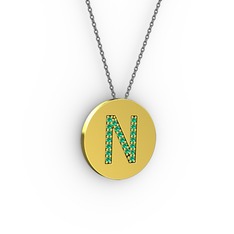 N Baş Harf Kolye - Yeşil kuvars 8 ayar altın kolye (40 cm gümüş rolo zincir) #ybum2q