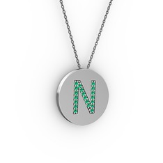 N Baş Harf Kolye - Yeşil kuvars 14 ayar beyaz altın kolye (40 cm gümüş rolo zincir) #z5kk3n