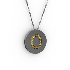 O Baş Harf Kolye - Sitrin 925 ayar siyah rodyum kaplama gümüş kolye (40 cm gümüş rolo zincir) #11i1no3