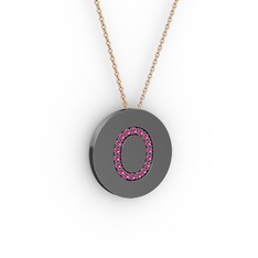 O Baş Harf Kolye - Rodolit garnet 925 ayar siyah rodyum kaplama gümüş kolye (40 cm rose altın rolo zincir) #1x1xfhk