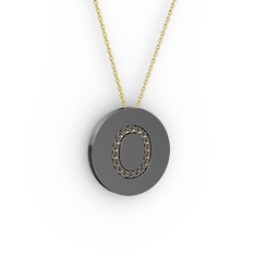 O Baş Harf Kolye - Dumanlı kuvars 925 ayar siyah rodyum kaplama gümüş kolye (40 cm altın rolo zincir) #7m50rg
