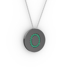 O Baş Harf Kolye - Yeşil kuvars 925 ayar siyah rodyum kaplama gümüş kolye (40 cm gümüş rolo zincir) #oqf48b