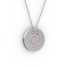 Ö Baş Harf Kolye - Pembe kuvars 18 ayar beyaz altın kolye (40 cm rose altın rolo zincir) #x4nolu