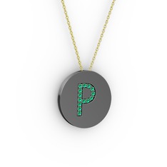 P Baş Harf Kolye - Yeşil kuvars 925 ayar siyah rodyum kaplama gümüş kolye (40 cm altın rolo zincir) #11gqo5d