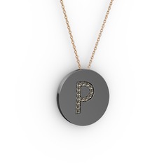 P Baş Harf Kolye - Dumanlı kuvars 925 ayar siyah rodyum kaplama gümüş kolye (40 cm rose altın rolo zincir) #13enq7f